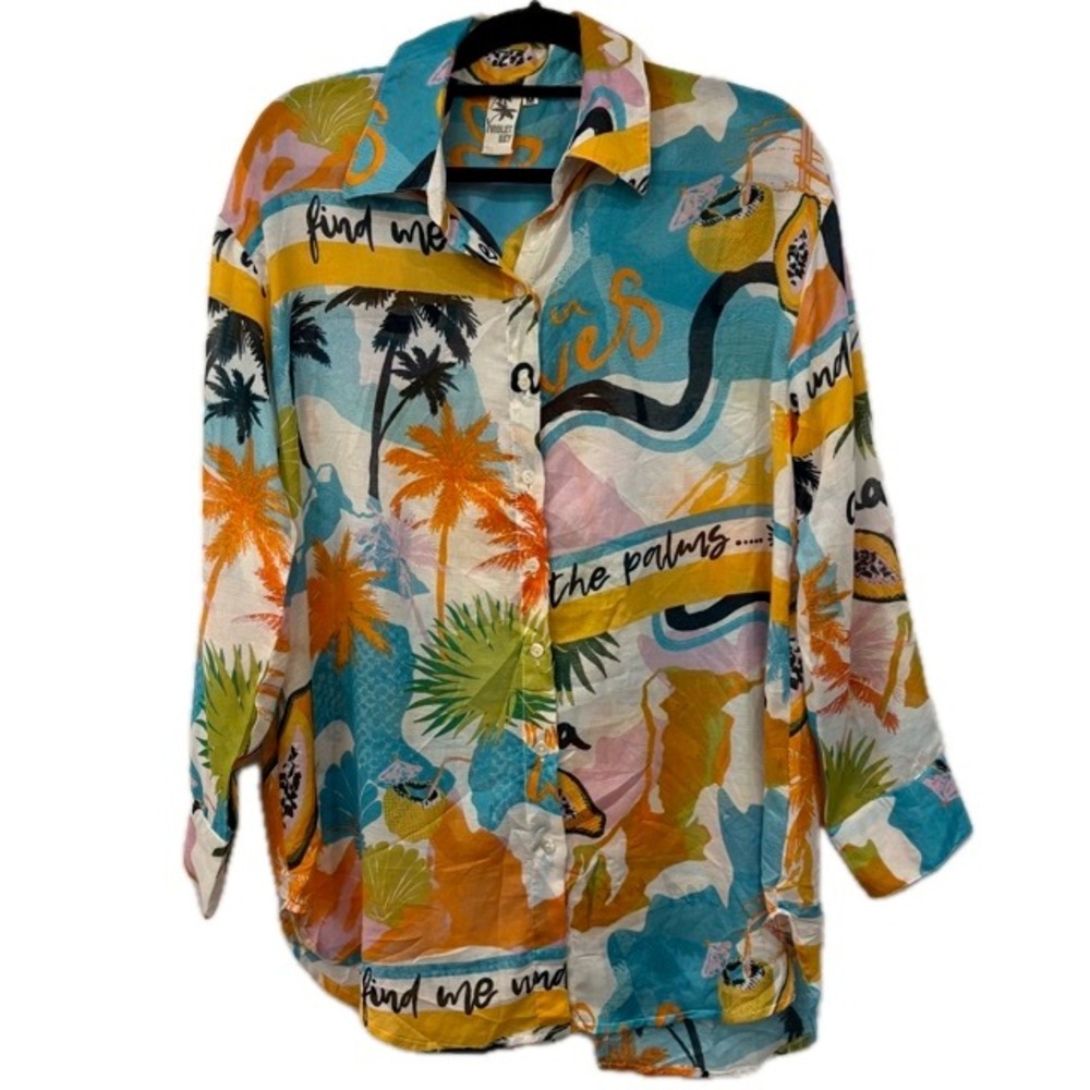 Violet Sky Tropical Palm Tree Papaya Print Button Down Shirt Tunic Top Medium‎
